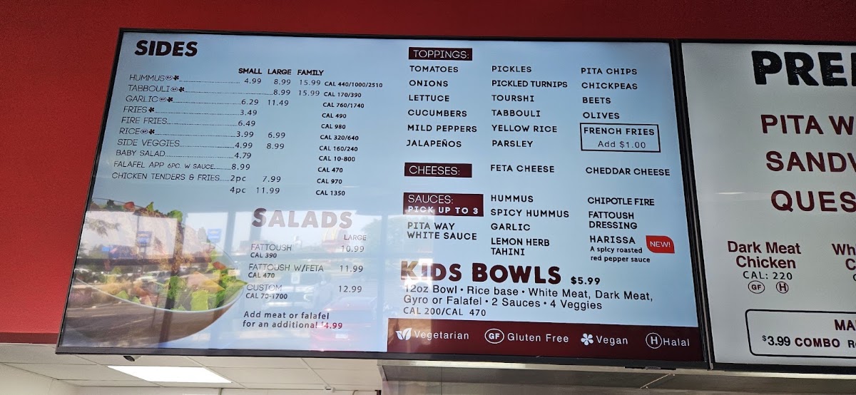 Pita Way - Birch Run menu board