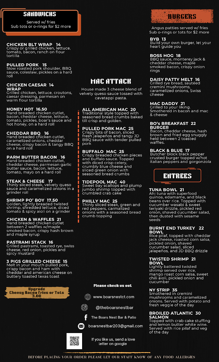 The Boars Nest menu board