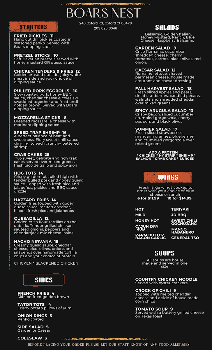 The Boars Nest menu board