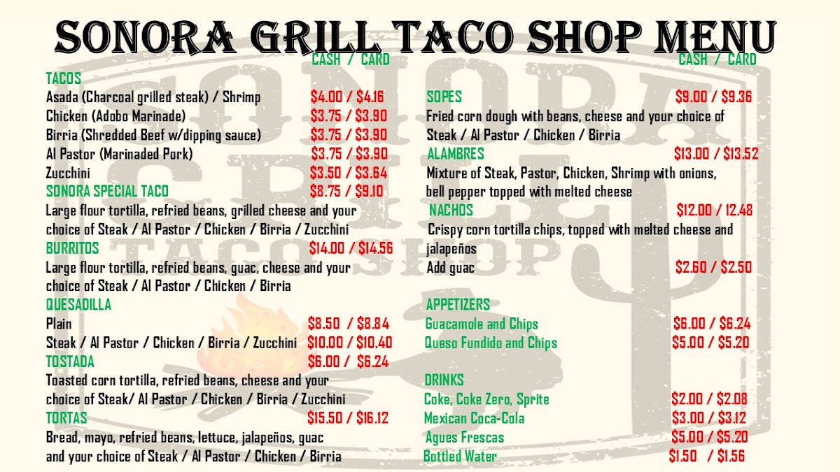 Sonora Grill Taco Shop menu board