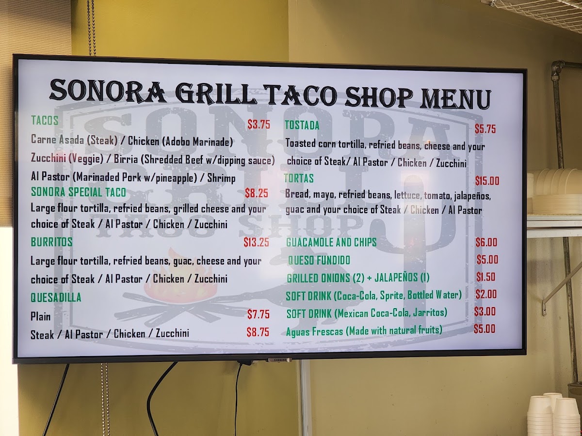 Sonora Grill Taco Shop menu board