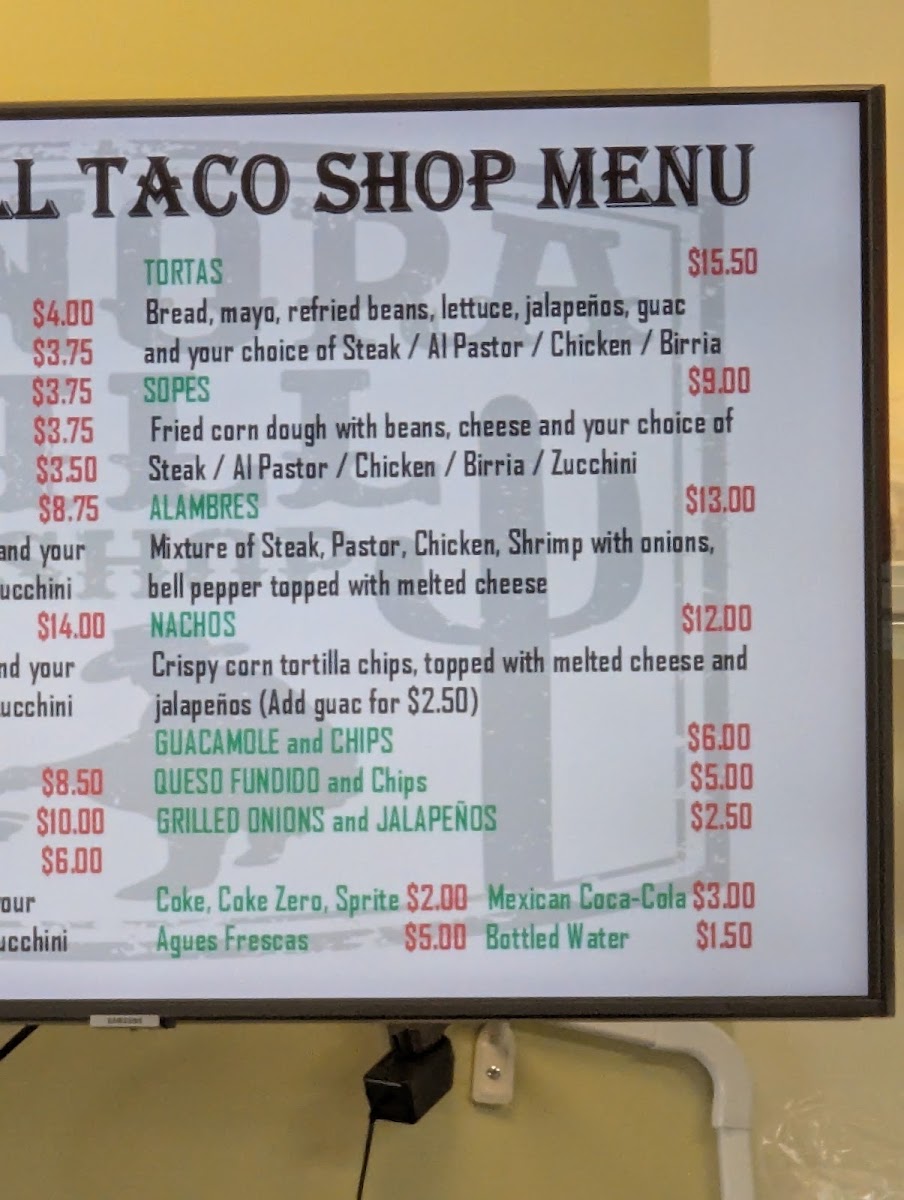 Sonora Grill Taco Shop menu board