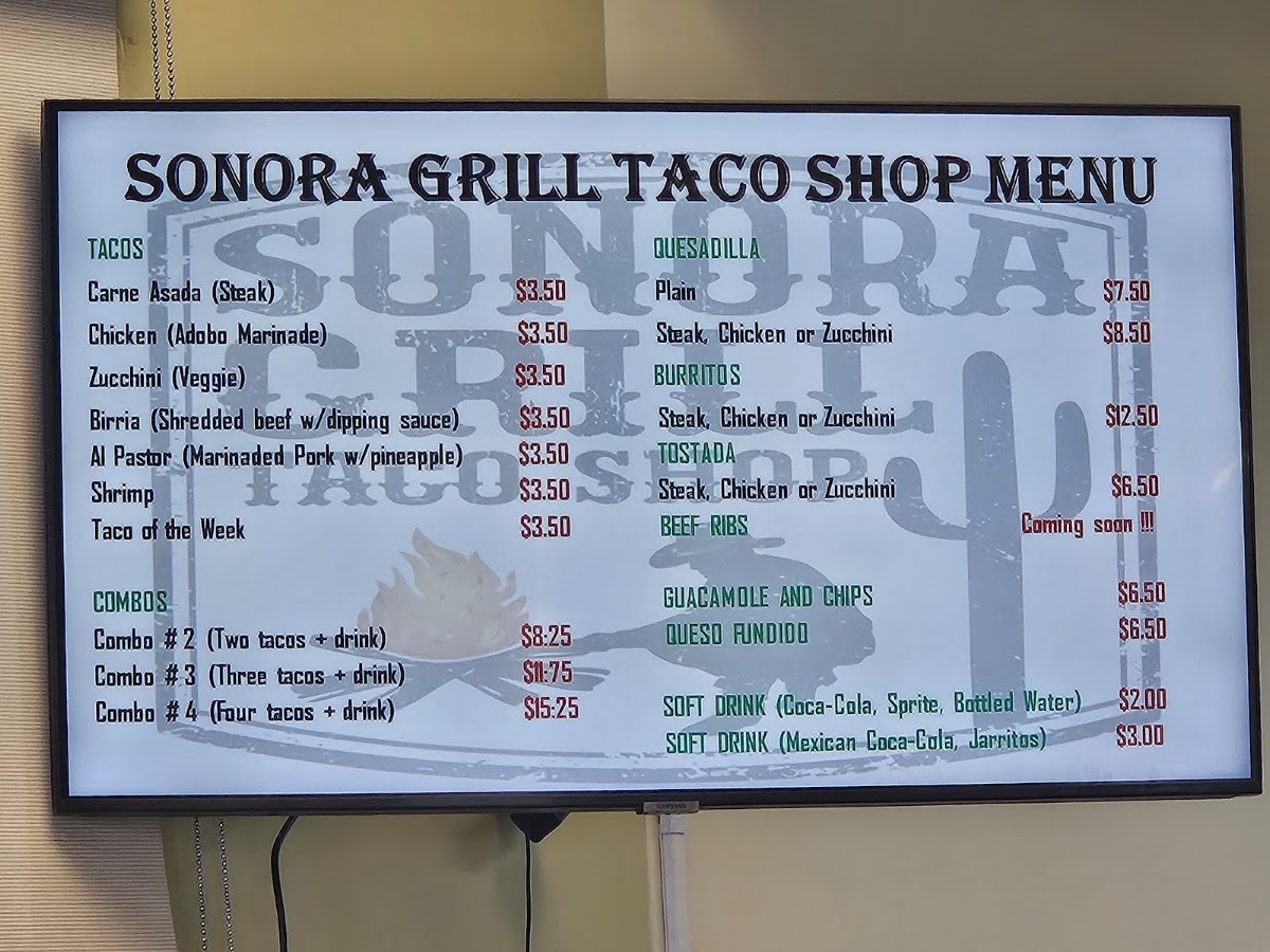 Sonora Grill Taco Shop menu board