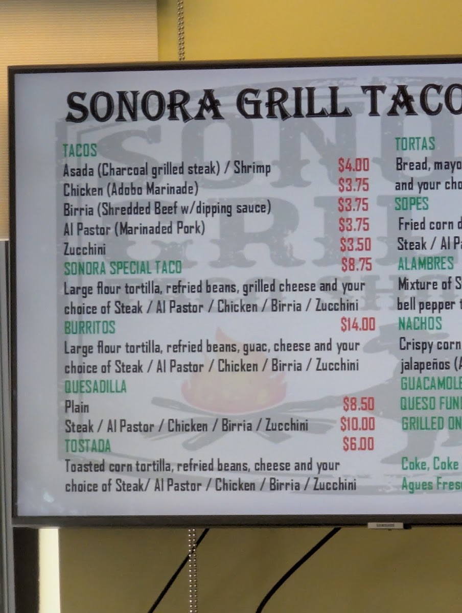 Sonora Grill Taco Shop menu board