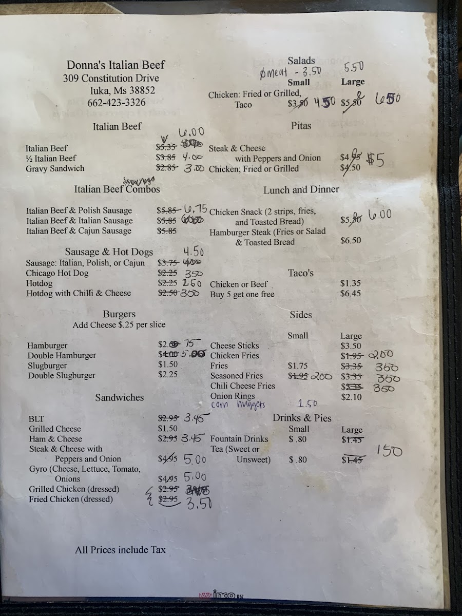 Donna's Italian Beef menu board