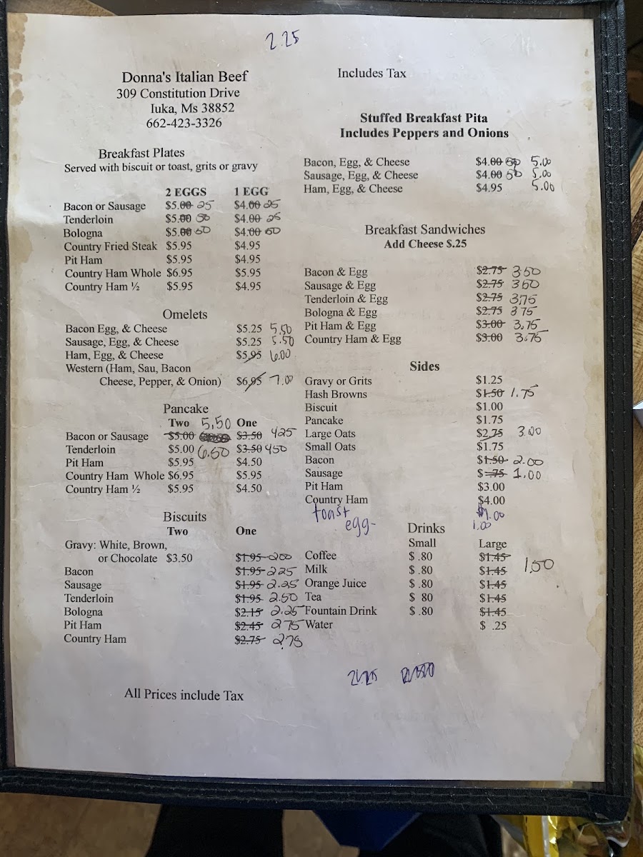 Donna's Italian Beef menu board