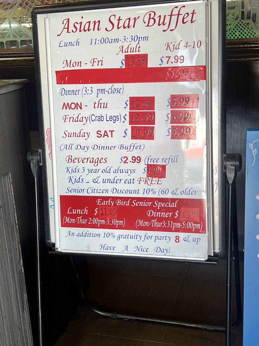 Asian Star Buffet menu board