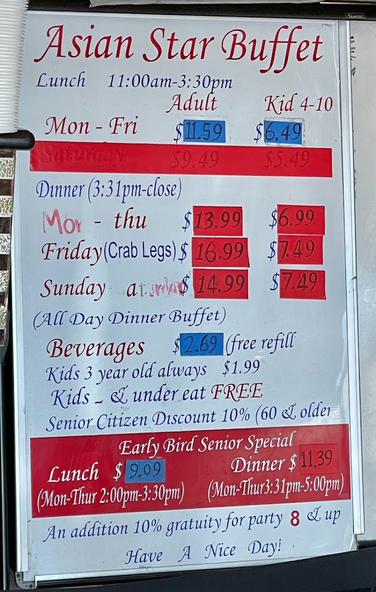 Asian Star Buffet menu board