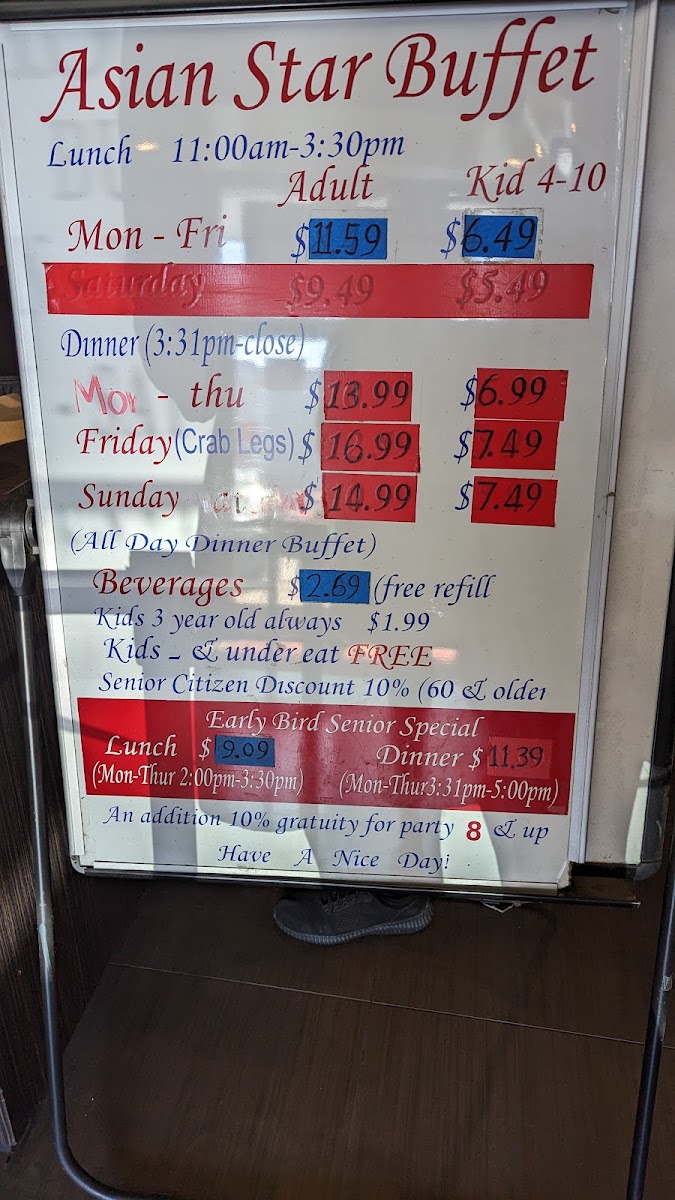 Asian Star Buffet menu board