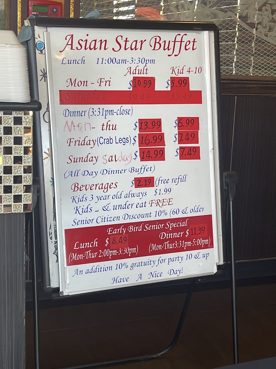 Asian Star Buffet menu board