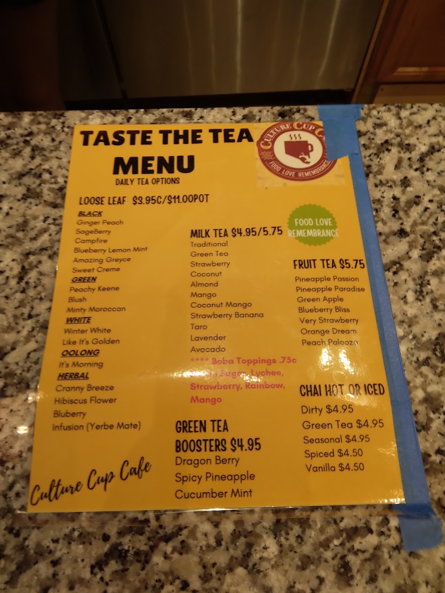 Culture Cup Cafe menu board