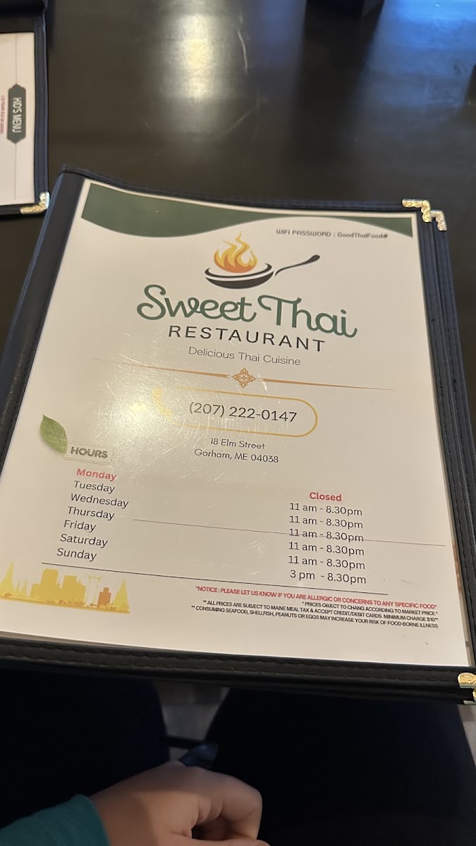 Sweet Thai Restaurant menu board