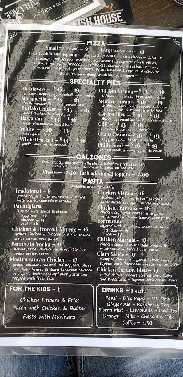 Jay's Village Cafe & Pizzeria menu board