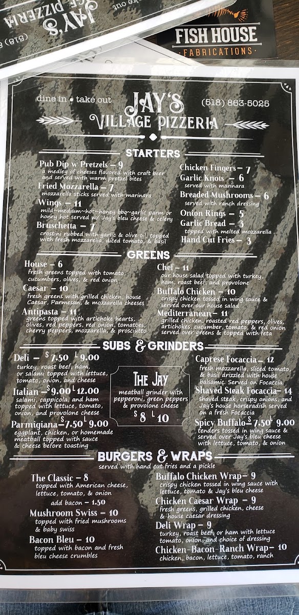 Jay's Village Cafe & Pizzeria menu board