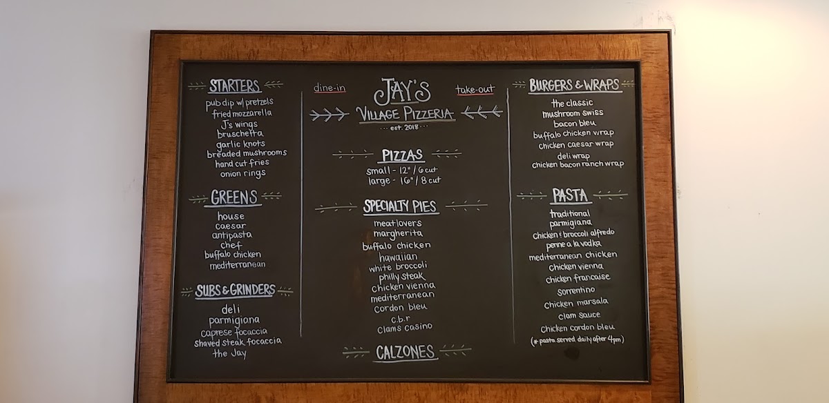 Jay's Village Cafe & Pizzeria menu board