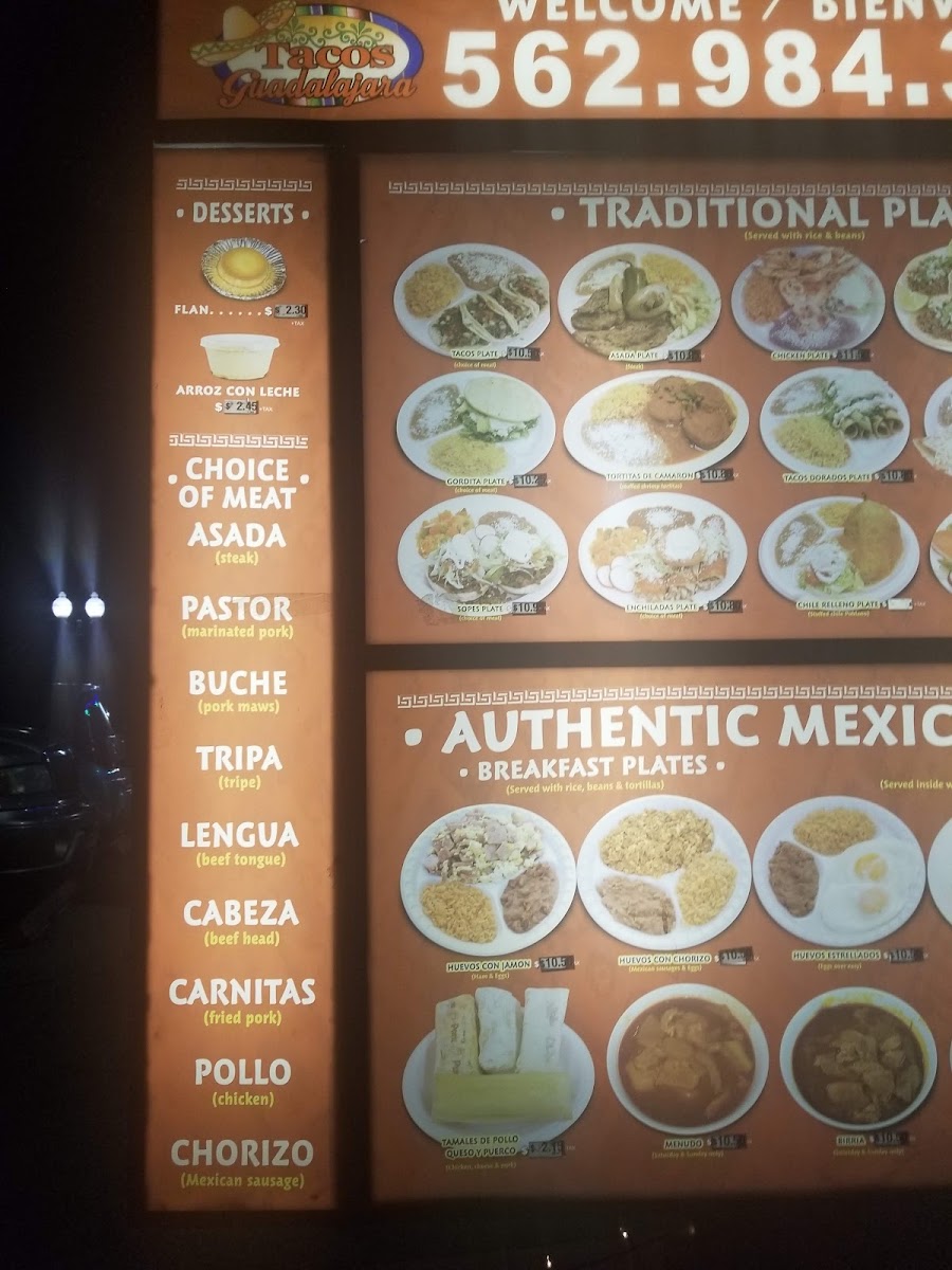 Tacos Guadalajara menu board