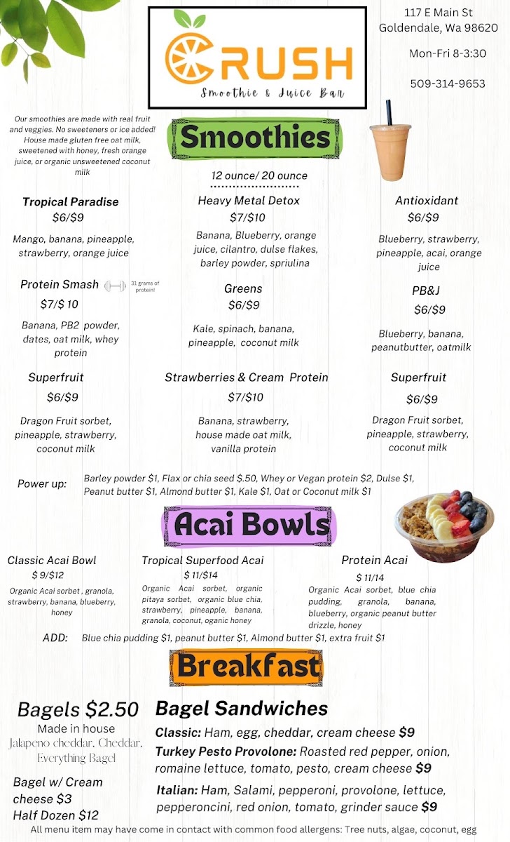 Crush, LLC Smoothie & Juice Bar menu board