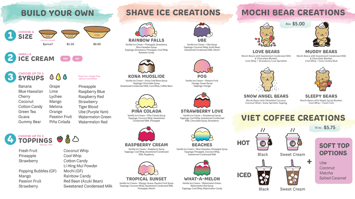 Wailani shave ice and island grindz menu board