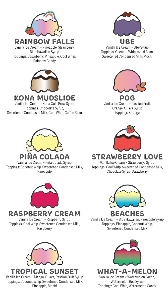 Wailani shave ice and island grindz menu board