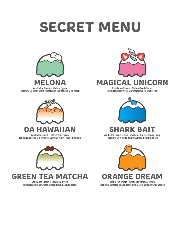 Wailani shave ice and island grindz menu board
