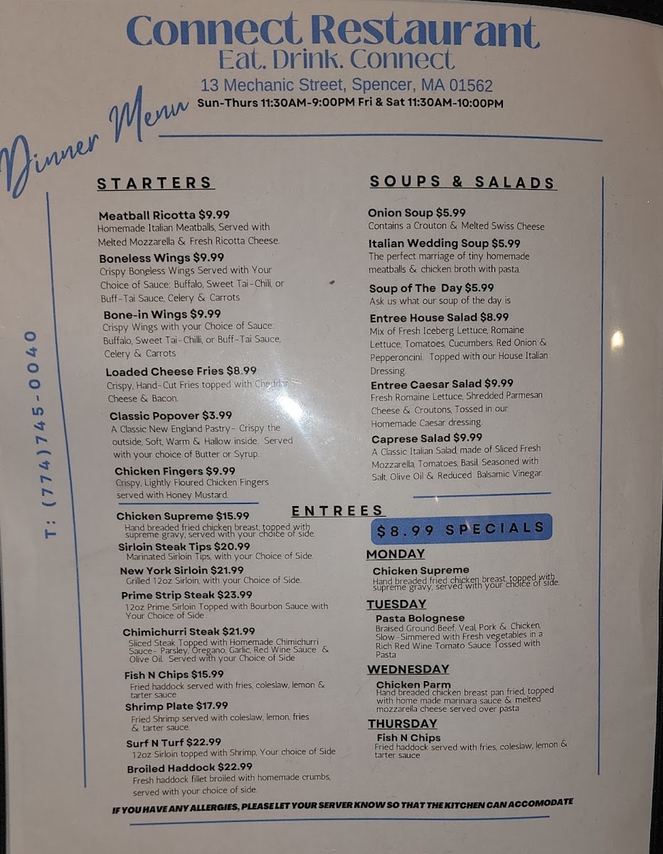 Connect Restaurant menu board