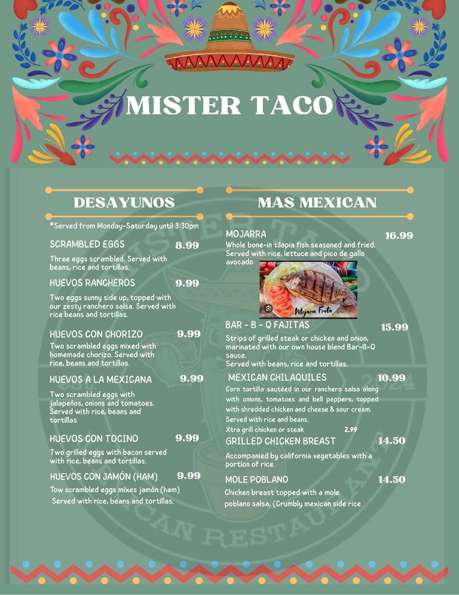 Mister taco authentic MEXICAN RESTAURANT menu board
