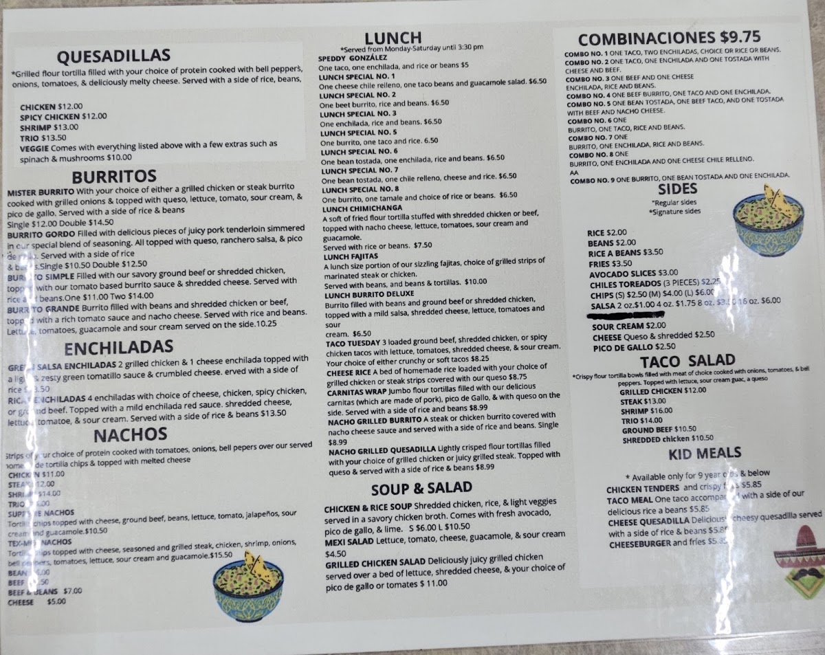 Mister taco authentic MEXICAN RESTAURANT menu board