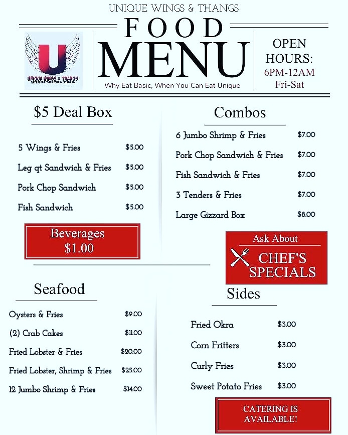 Unique Wings & Thangs menu board