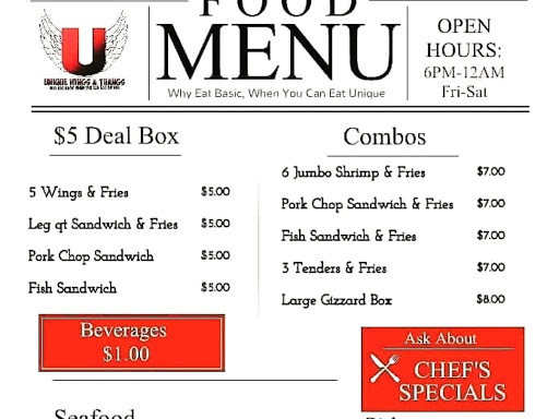 Unique Wings & Thangs menu board