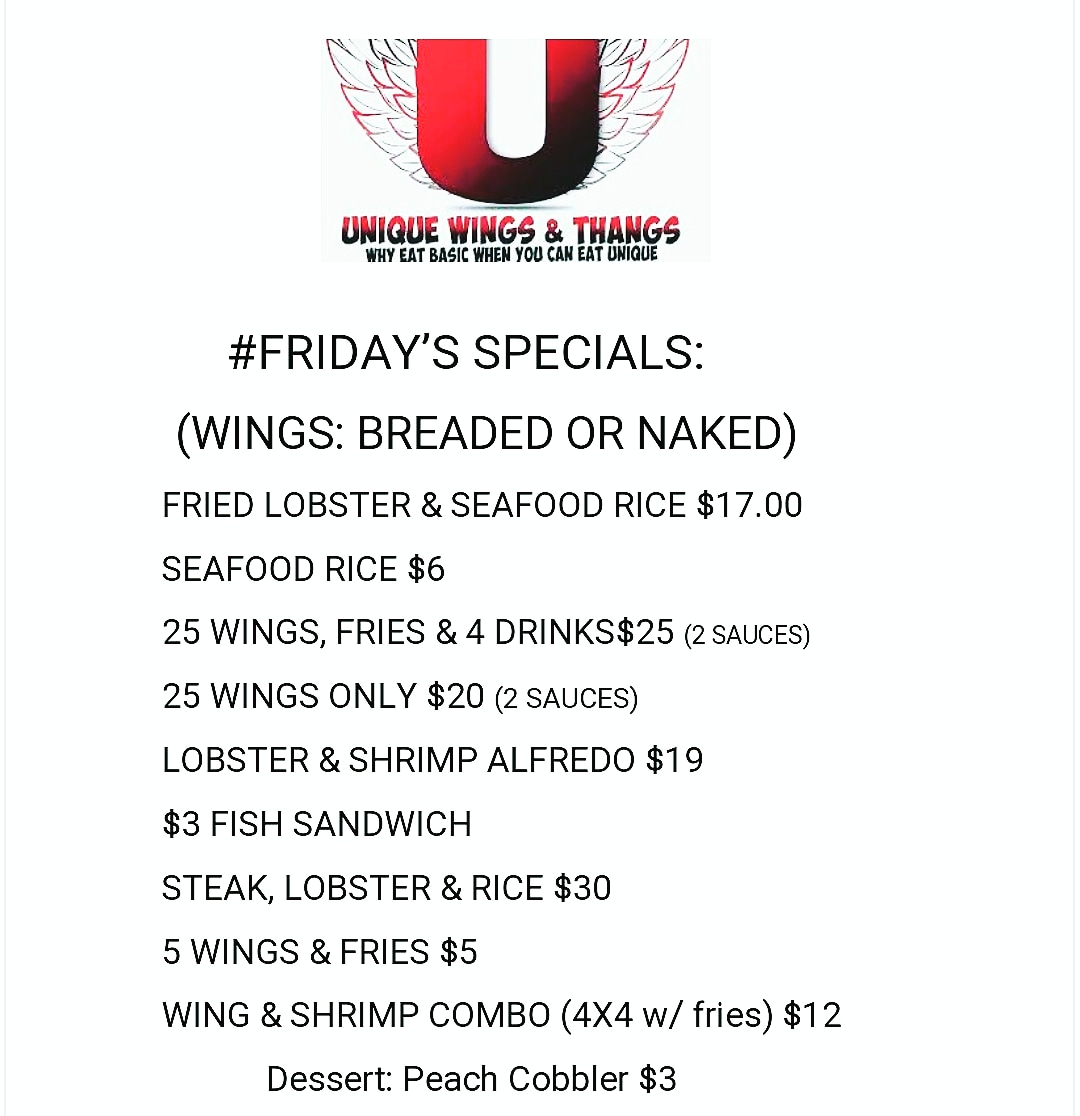 Unique Wings & Thangs menu board