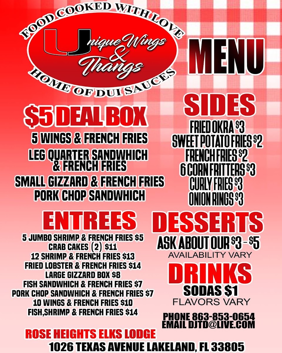 Unique Wings & Thangs menu board