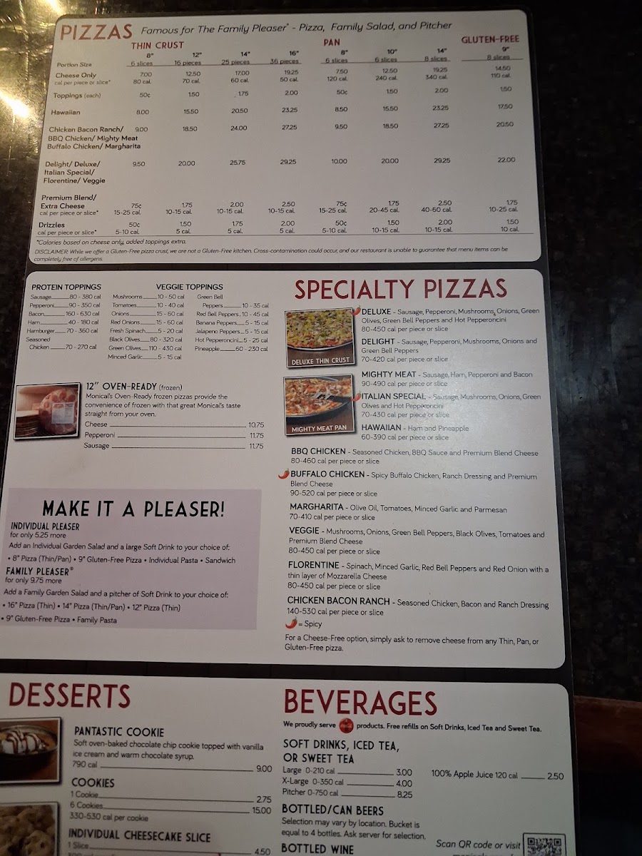 Monical's Pizza of Linton menu board