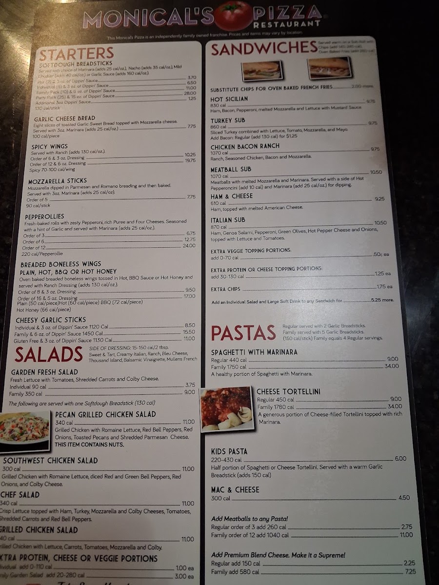Monical's Pizza of Linton menu board