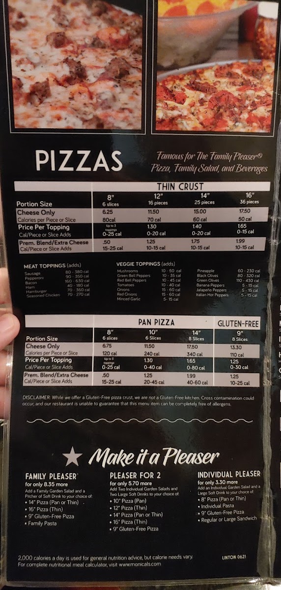 Monical's Pizza of Linton menu board