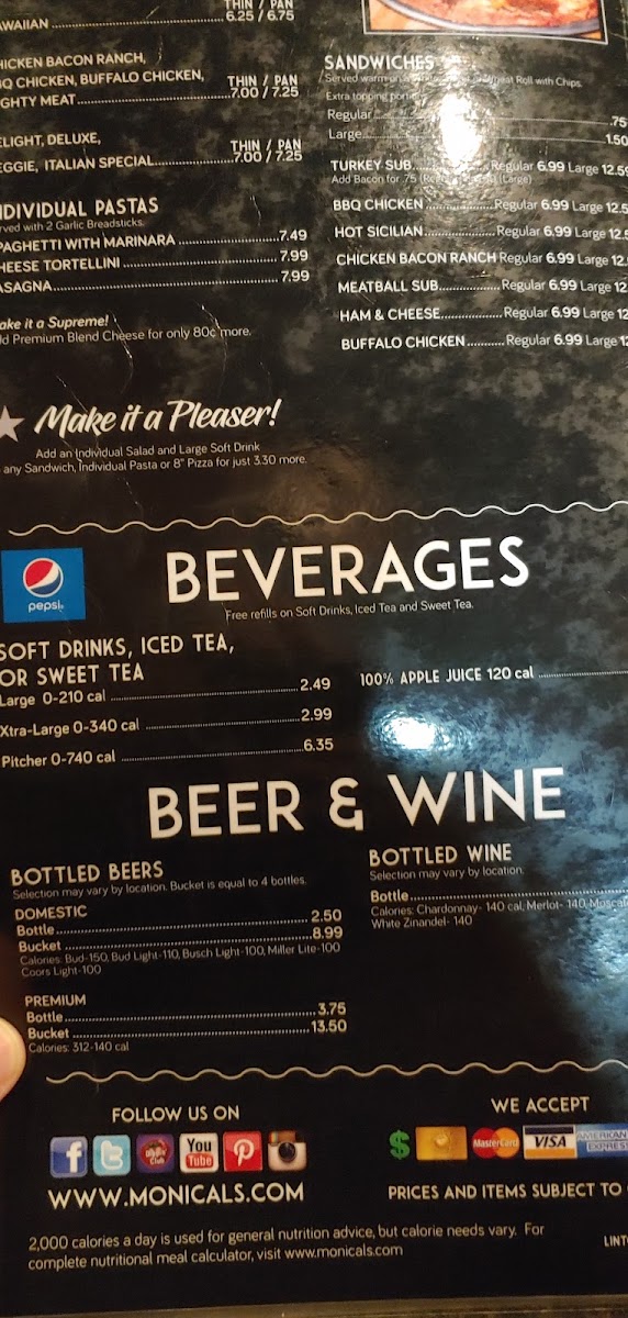 Monical's Pizza of Linton menu board