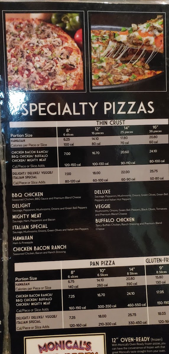 Monical's Pizza of Linton menu board