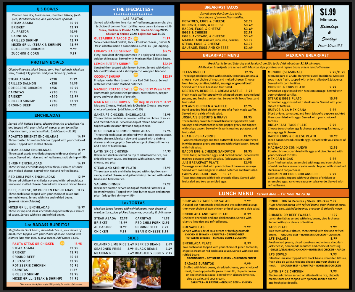 JJ's Taco Shop: Kitchen & Bar North Richland Hills menu board