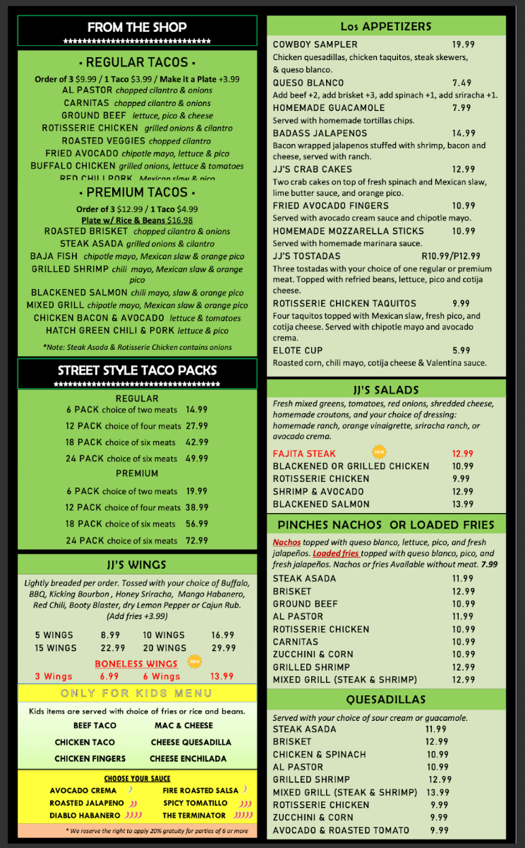JJ's Taco Shop: Kitchen & Bar North Richland Hills menu board