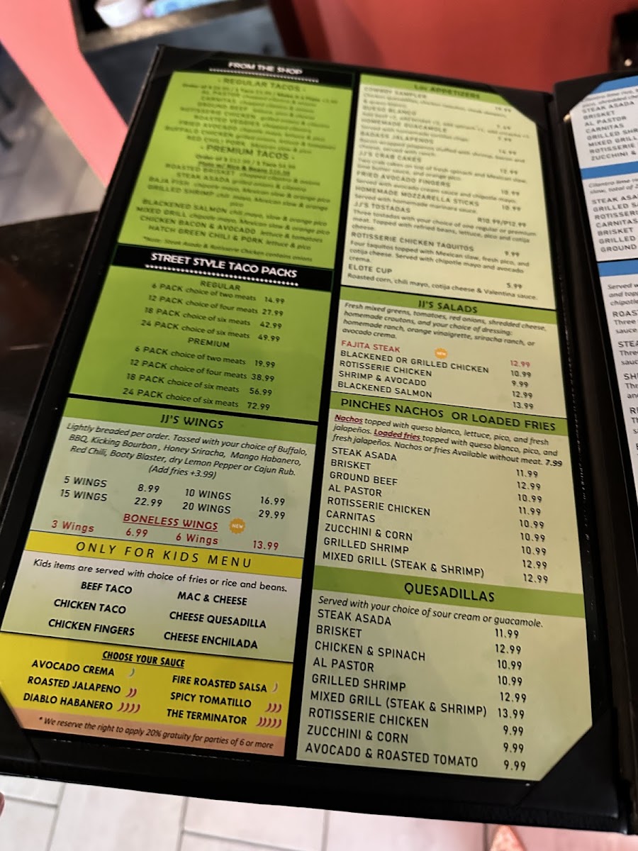 JJ's Taco Shop: Kitchen & Bar North Richland Hills menu board