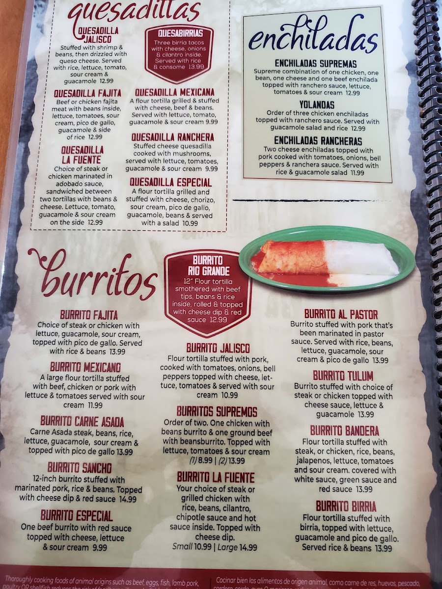 La Fuente Mexican Restaurant menu board