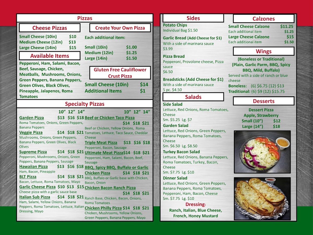 Bavellie's Pizzeria menu board