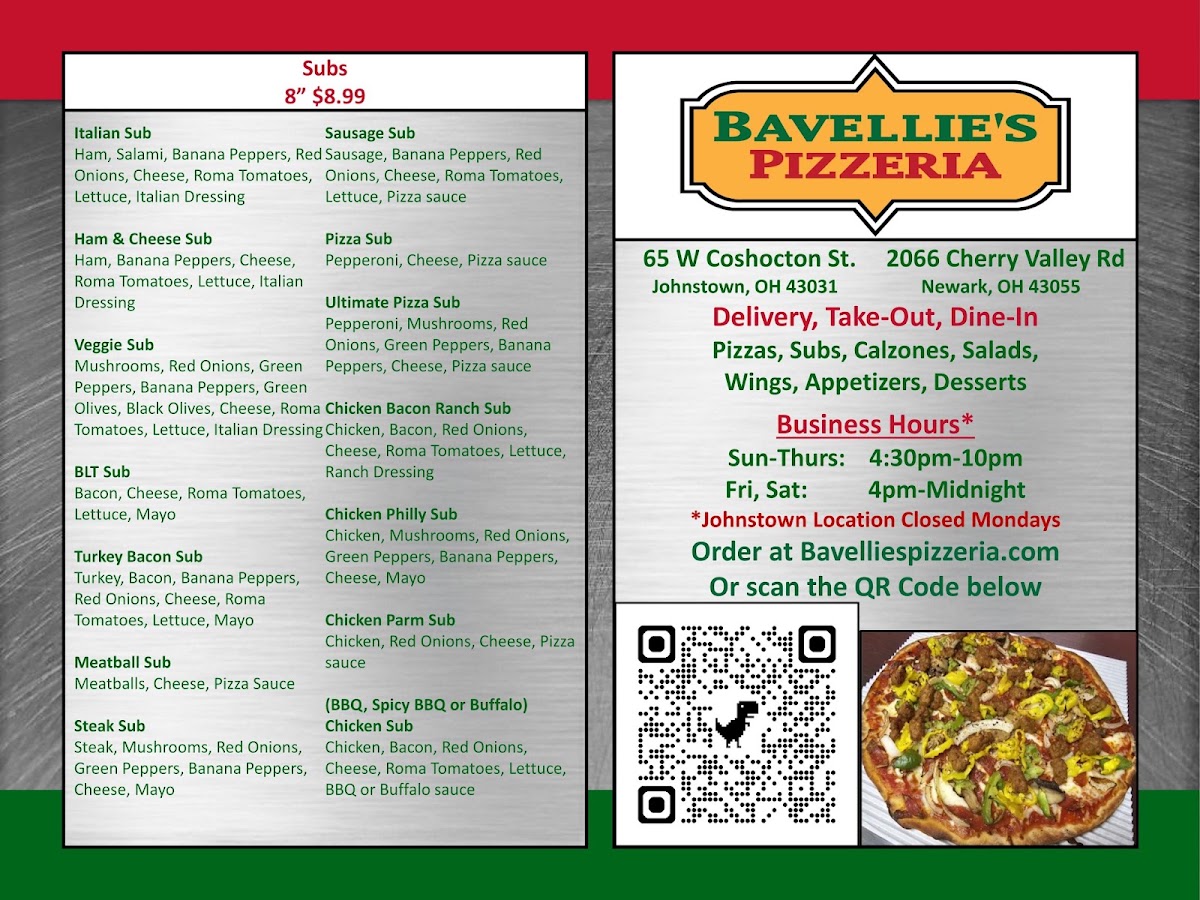 Bavellie's Pizzeria menu board