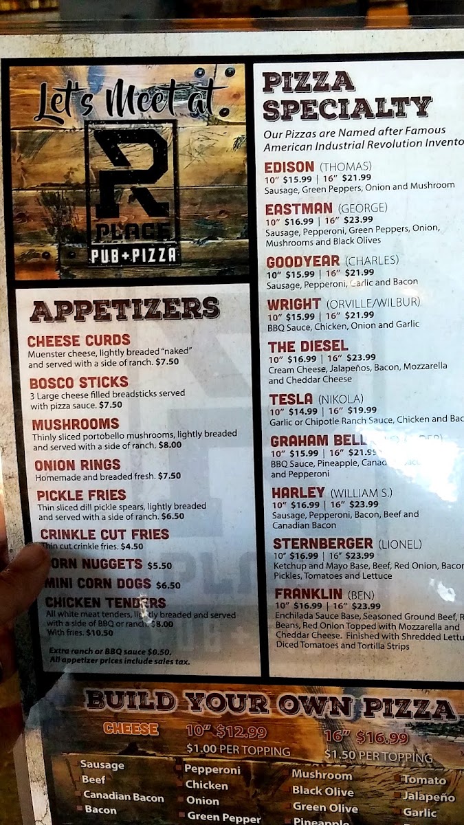 R Place Pub and Pizza menu board