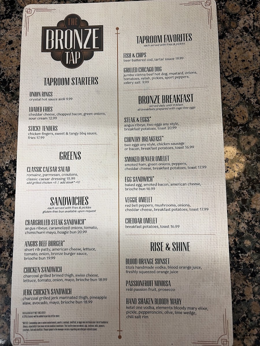 The Bronze Tap menu board