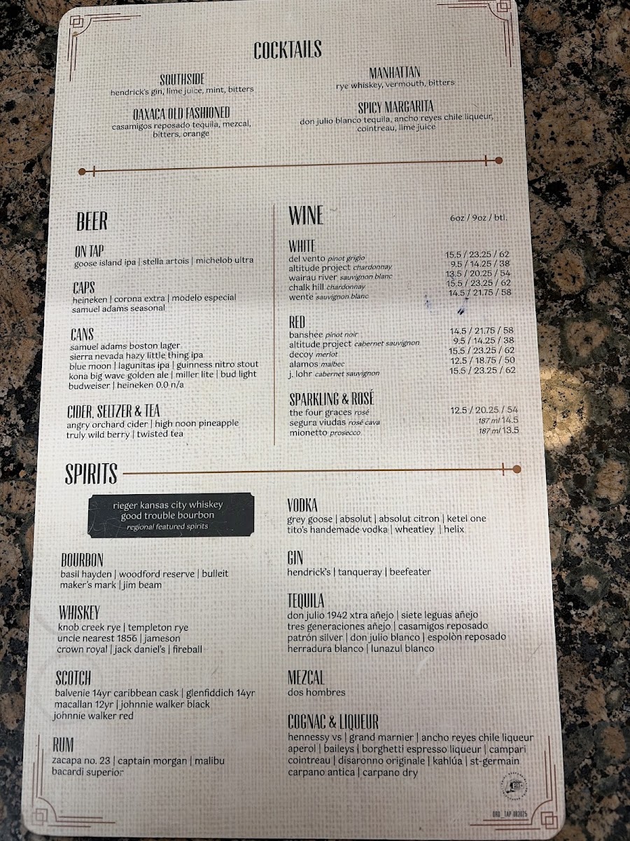 The Bronze Tap menu board