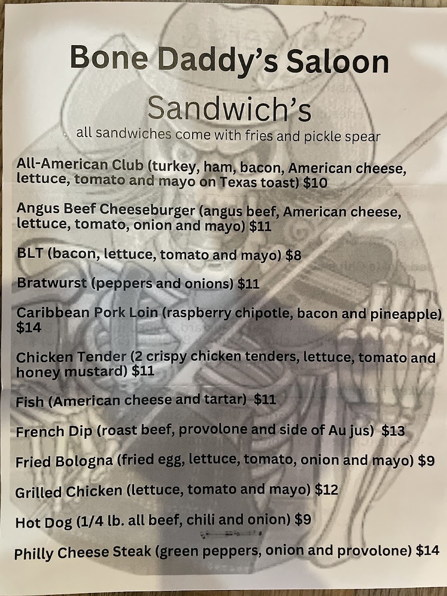 Ben Hur Bar and Grill menu board