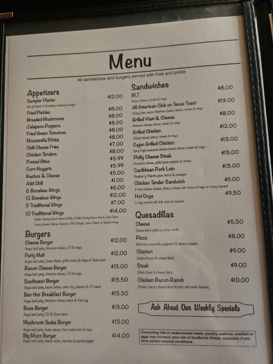 Ben Hur Bar and Grill menu board
