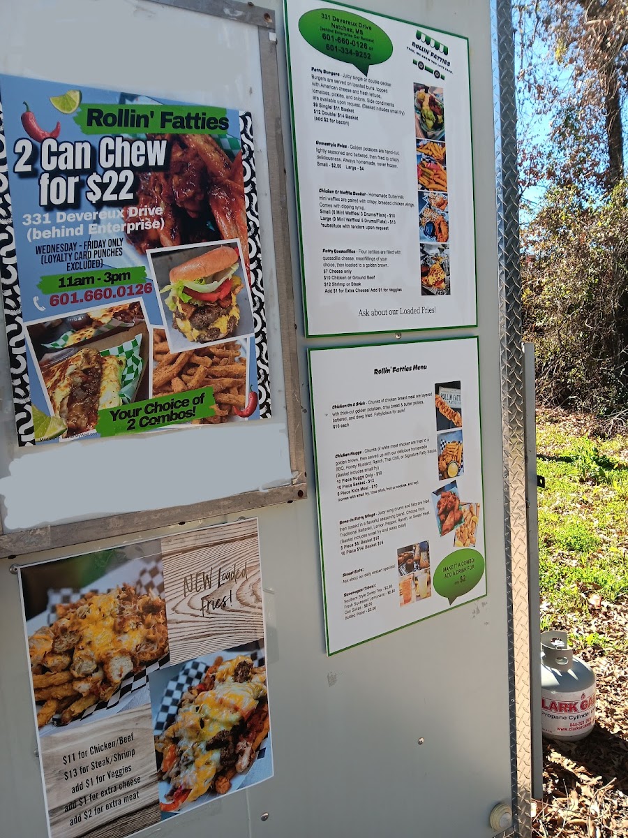 Rollin' Fatties Food Truck Recreational Park menu board