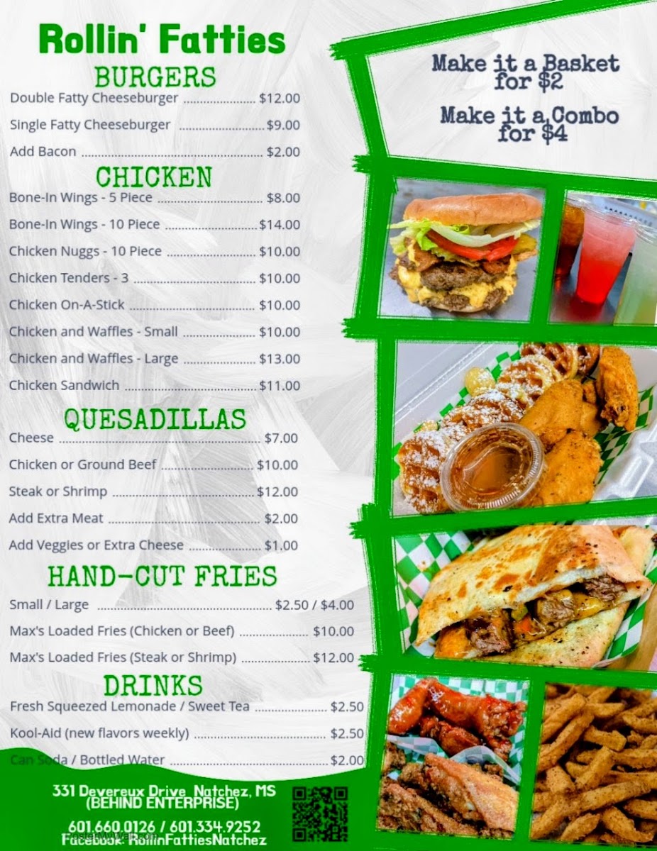 Rollin' Fatties Food Truck Recreational Park menu board