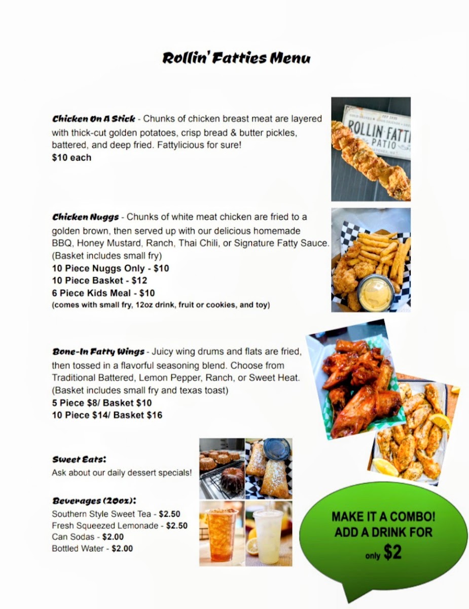 Rollin' Fatties Food Truck Recreational Park menu board